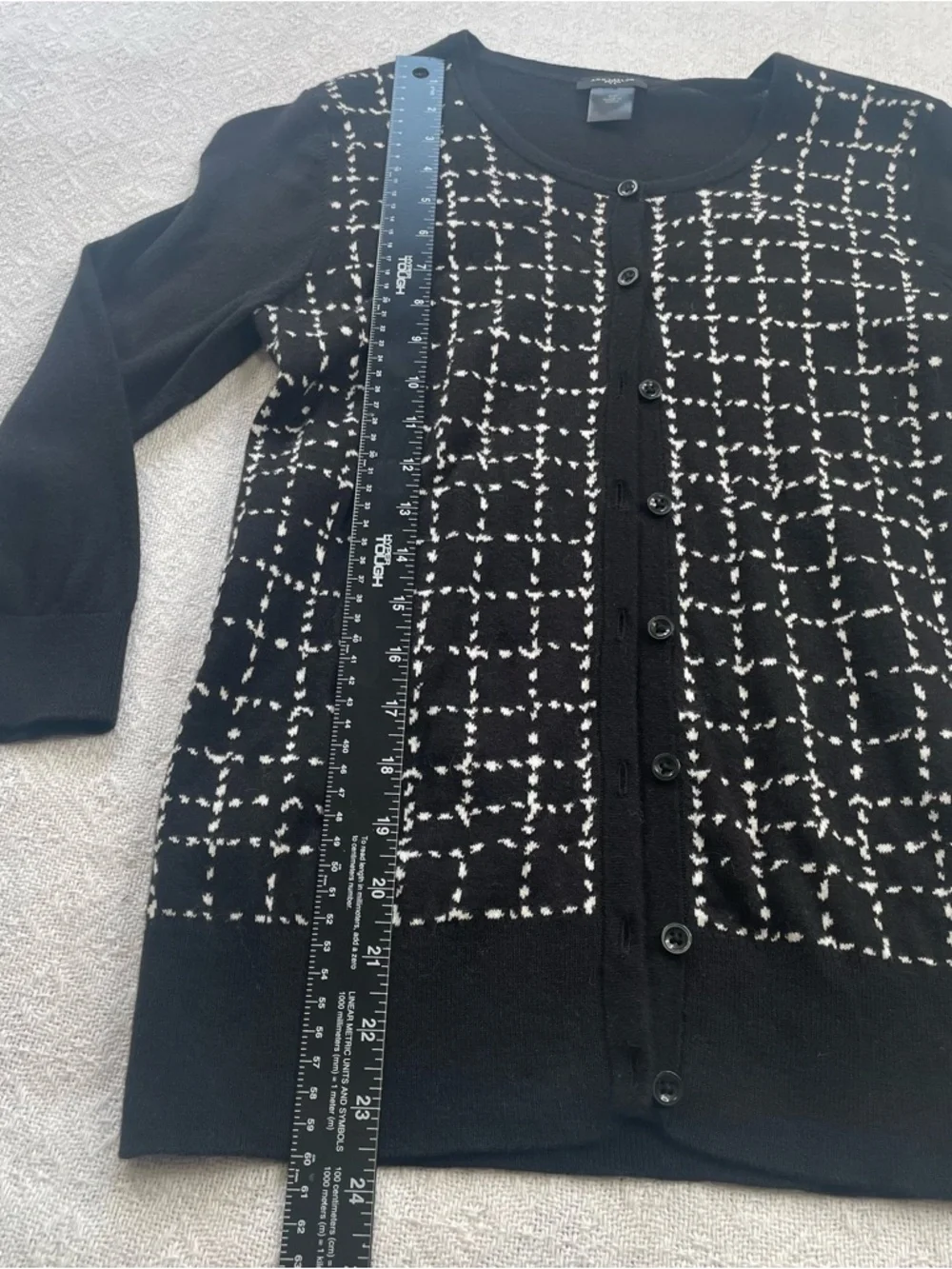 Ann Taylor Black Lightweight Knit‎ Cardigan with White Grid Stitching~ Size S/P